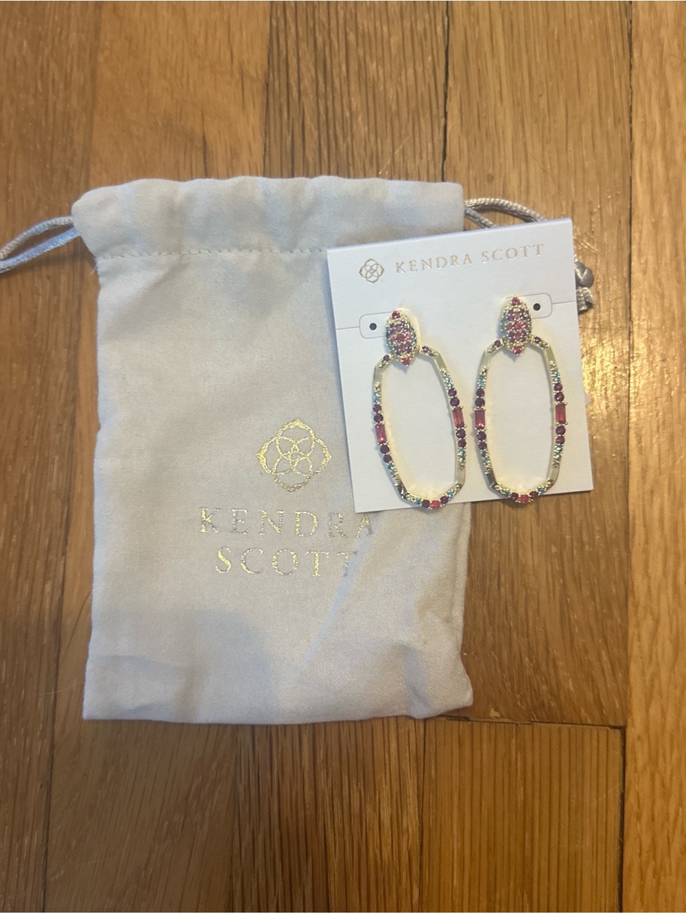Kendra Scott Gold Oval Drop Earrings with Pink and Multicolor Stones